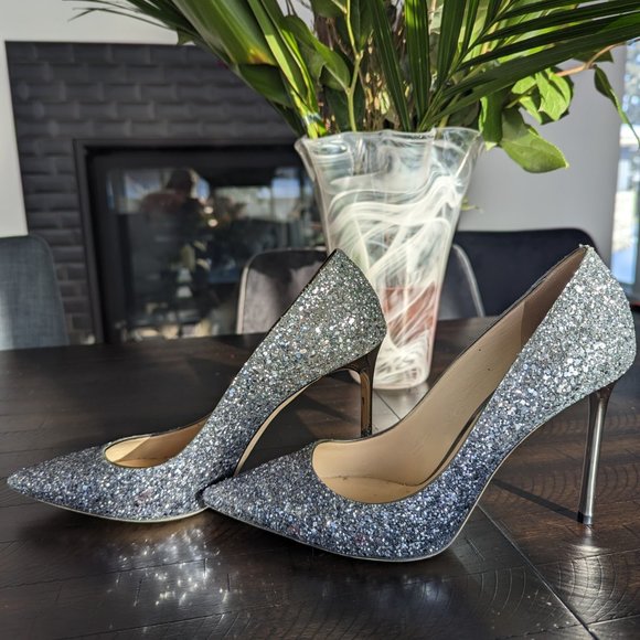 Jimmy Choo Romy 100 Navy Silver Ombre Glitter Stiletto Heels Pump EU 39.5 US 9.5 - Picture 4 of 13
